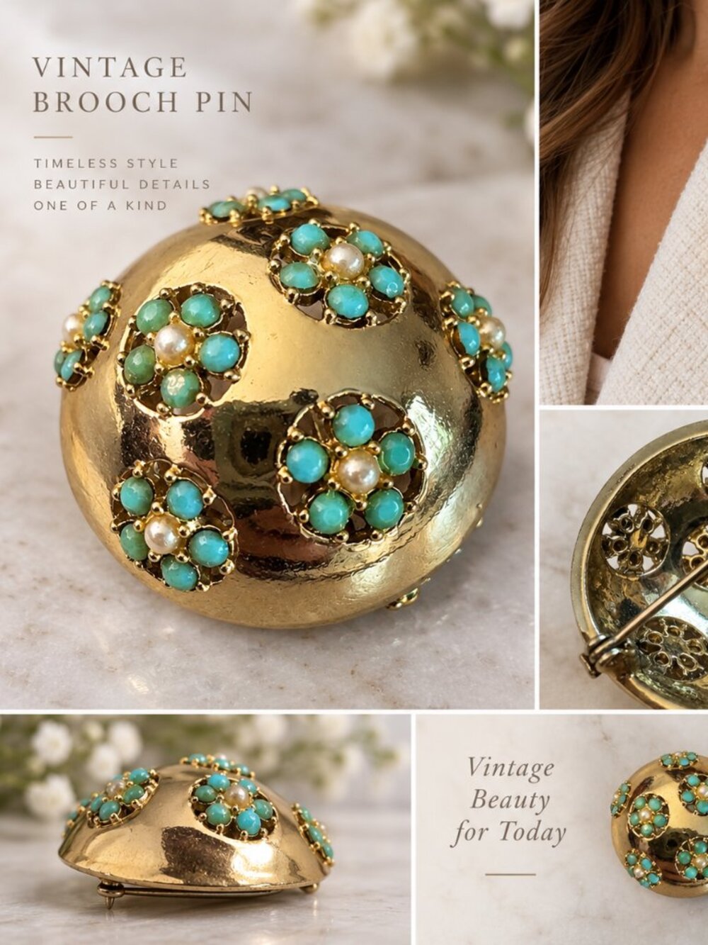 ✨💙VTG 1960s Women's Gold Turquoise Floral Gem Dome Brooch Pin